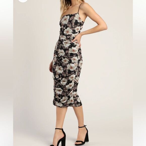 Lulu’s We Really Mesh Black Floral Print Sleeveless Ruched Midi Dress NWT Small - Picture 1 of 15
